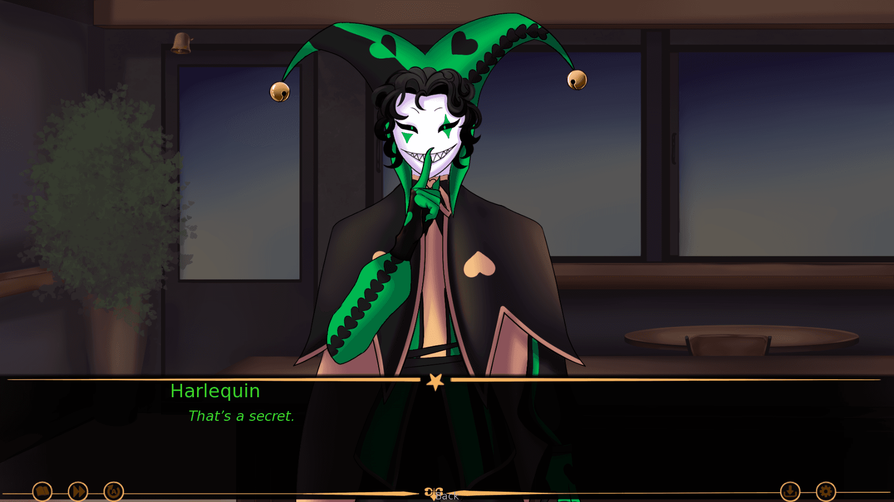 Harlequin character portrait, a key figure in The Freak Circus Game visual novel